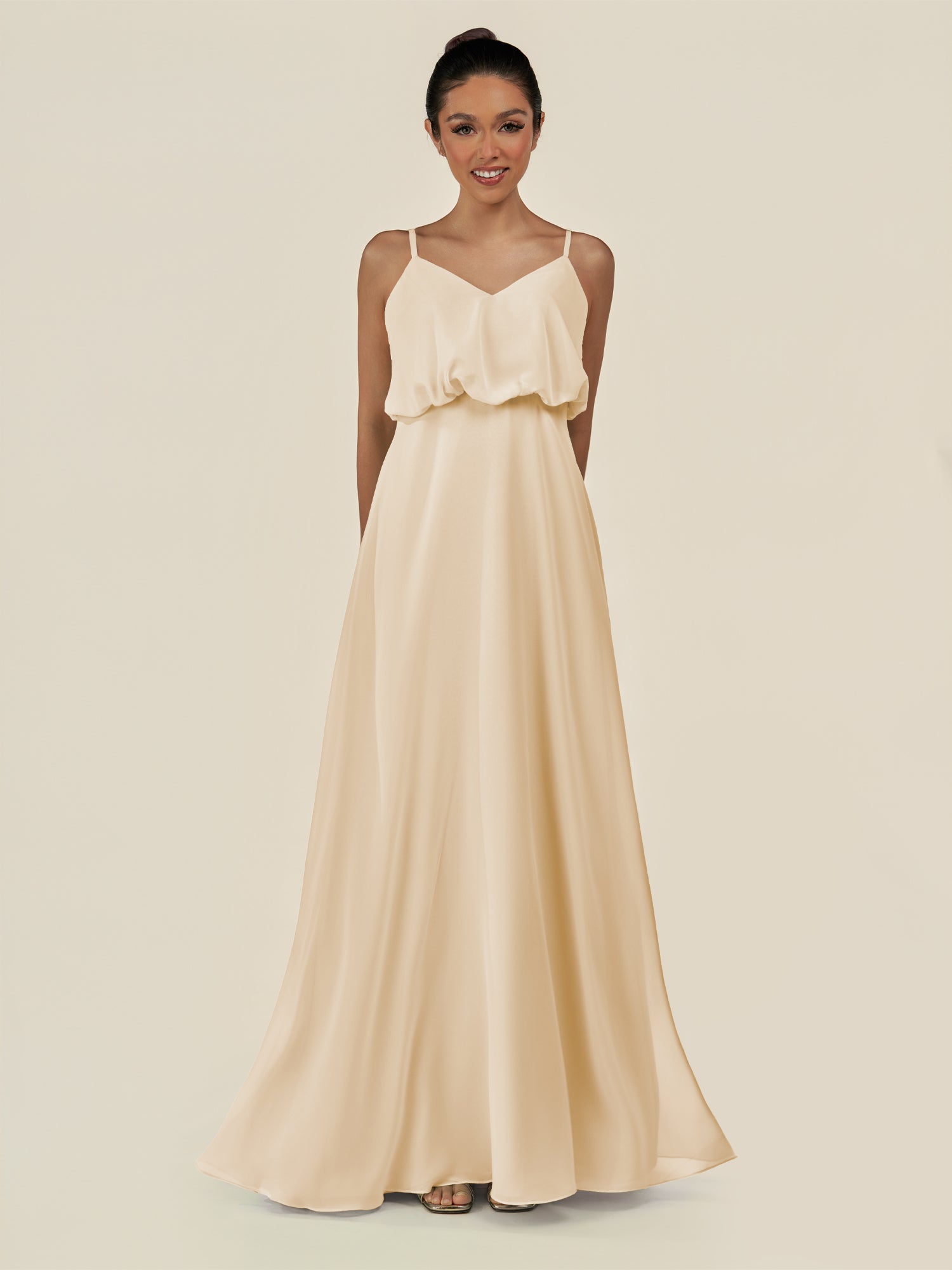KissDress-Alix Champagne A Line Chiffon V Neck Ruffled Overlay Long Bridesmaid Dress
