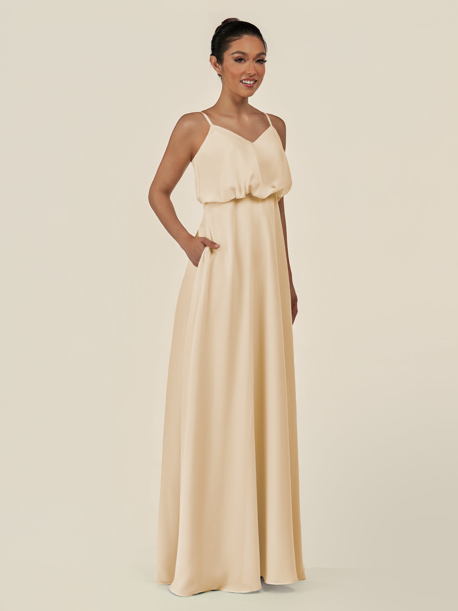 KissDress-Alix Champagne A Line Chiffon V Neck Ruffled Overlay Long Bridesmaid Dress