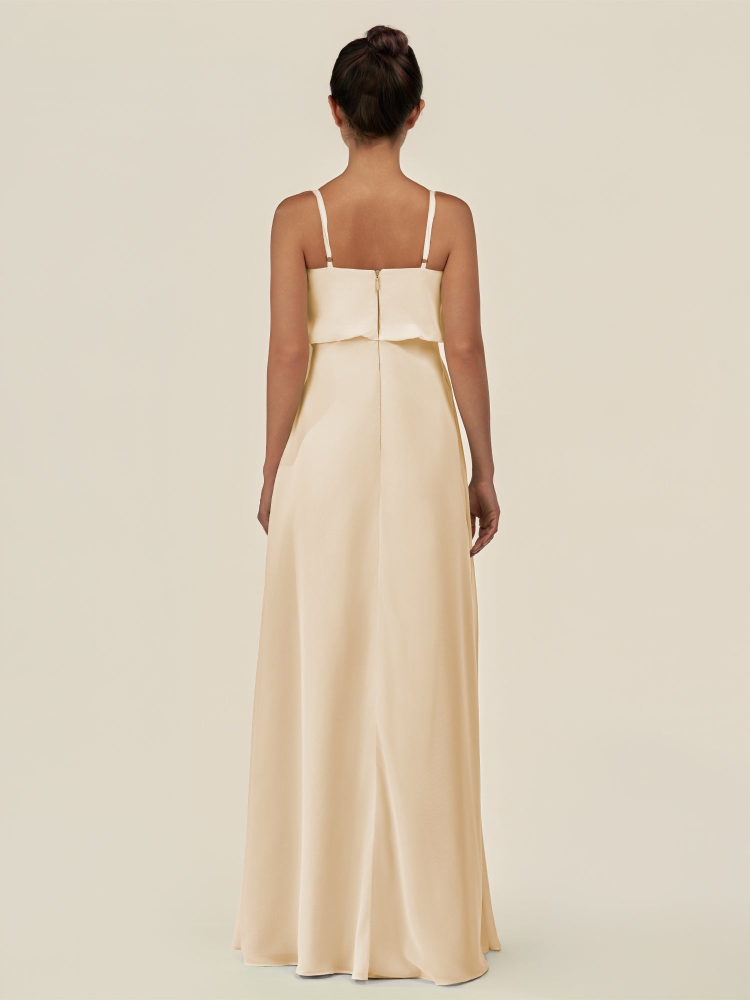 KissDress-Alix Champagne A Line Chiffon V Neck Ruffled Overlay Long Bridesmaid Dress