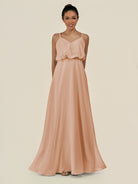 KissDress-Alix Champagne Rose A Line Chiffon V Neck Ruffled Overlay Long Bridesmaid Dress