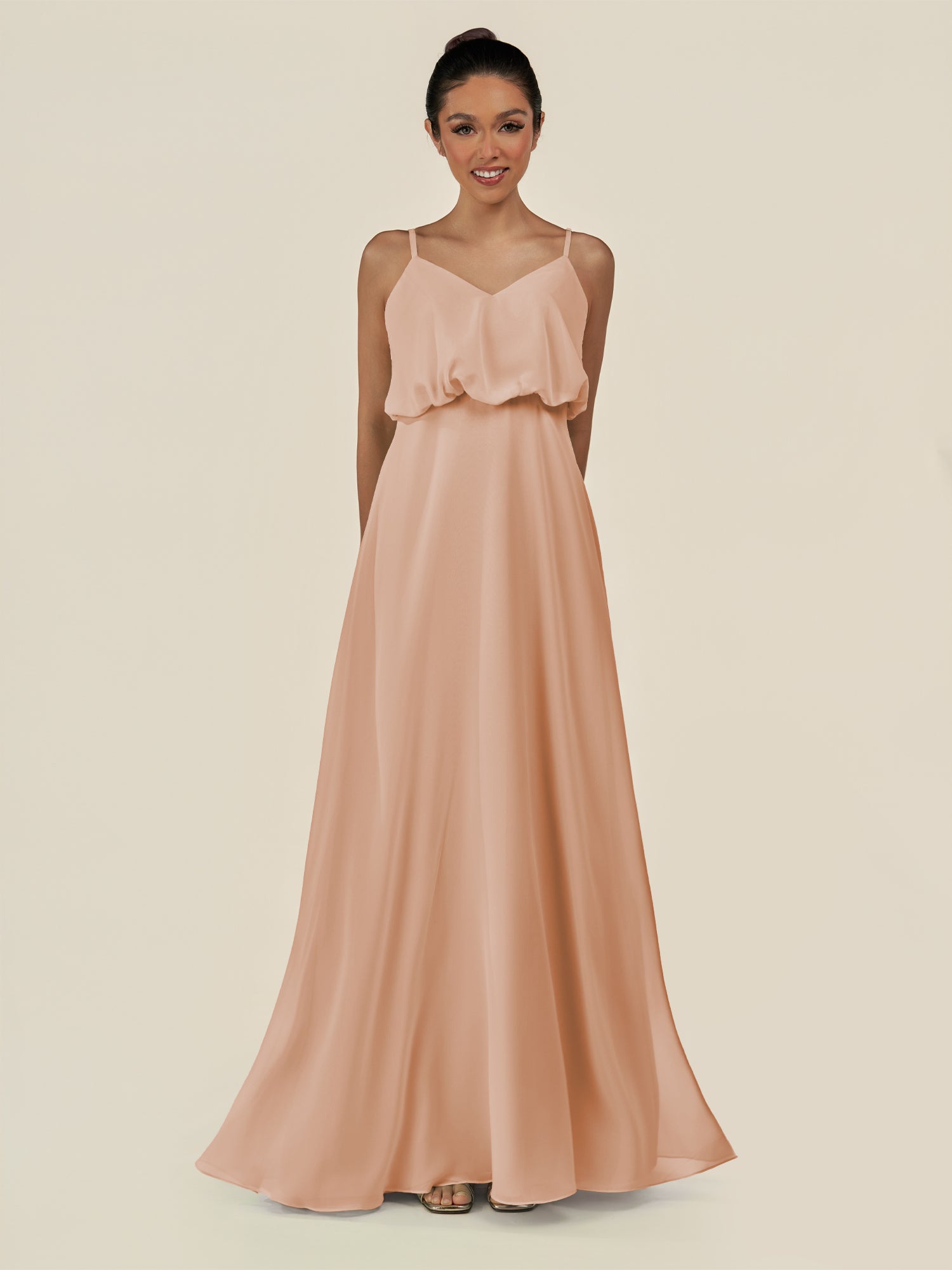 KissDress-Alix Champagne Rose A Line Chiffon V Neck Ruffled Overlay Long Bridesmaid Dress