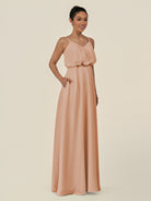 KissDress-Alix Champagne Rose A Line Chiffon V Neck Ruffled Overlay Long Bridesmaid Dress