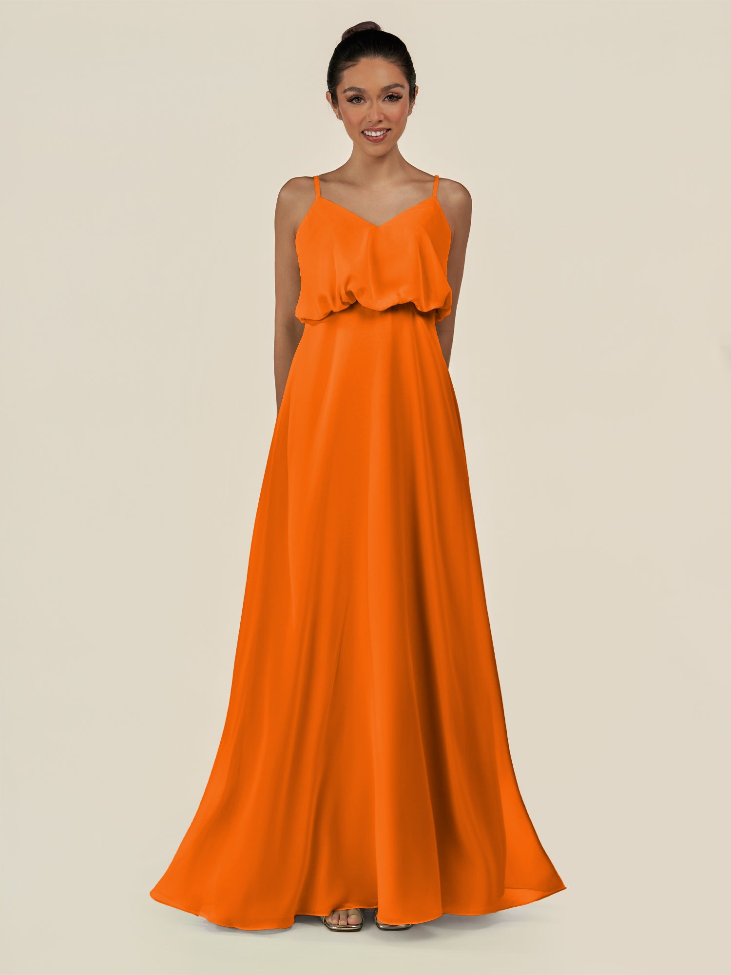 KissDress-Alix Cinnamon A Line Chiffon V Neck Ruffled Overlay Long Bridesmaid Dress