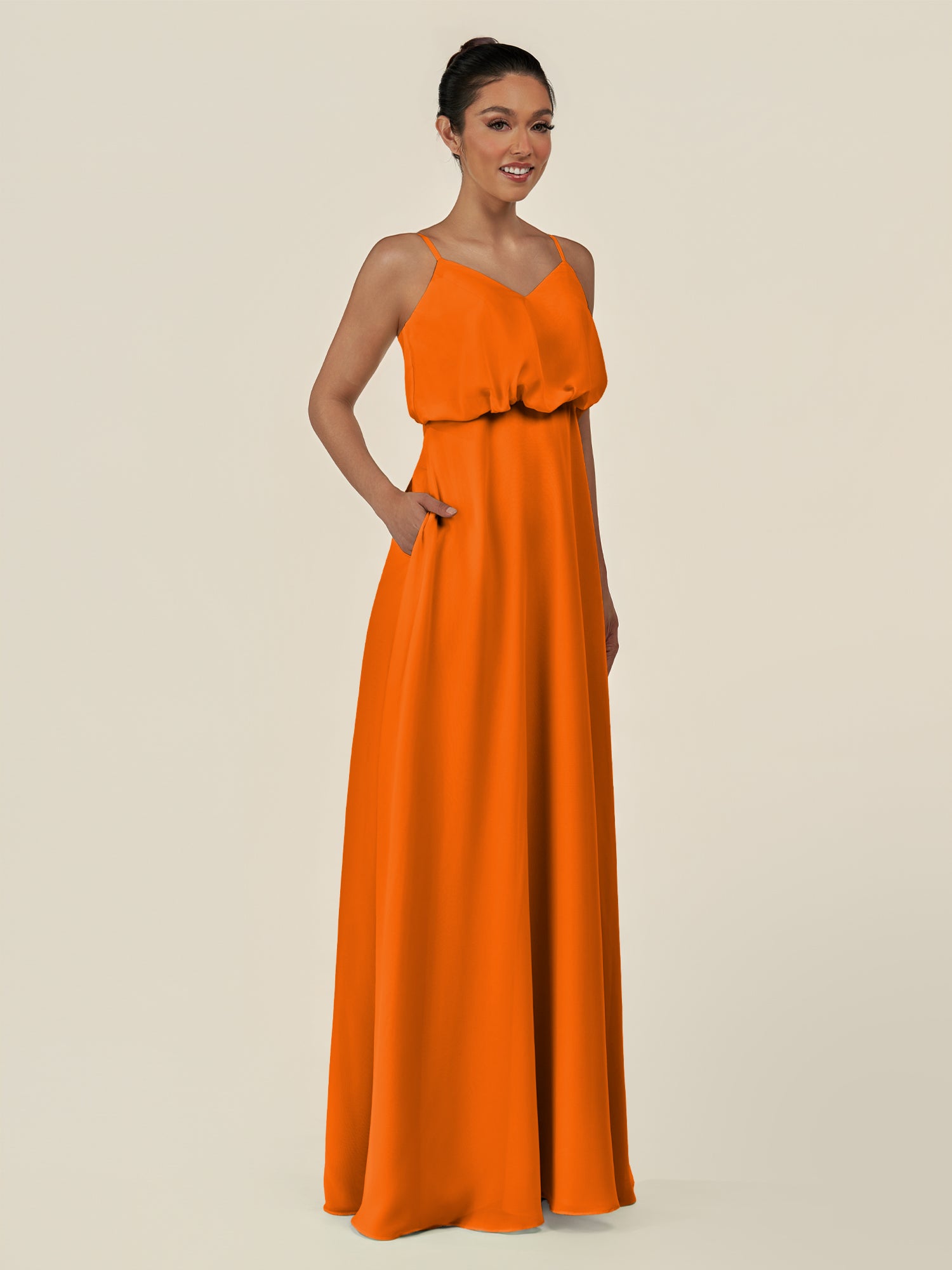 KissDress-Alix Cinnamon A Line Chiffon V Neck Ruffled Overlay Long Bridesmaid Dress