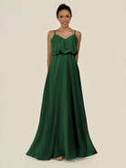KissDress-Alix Dark Green A Line Chiffon V Neck Ruffled Overlay Long Bridesmaid Dress