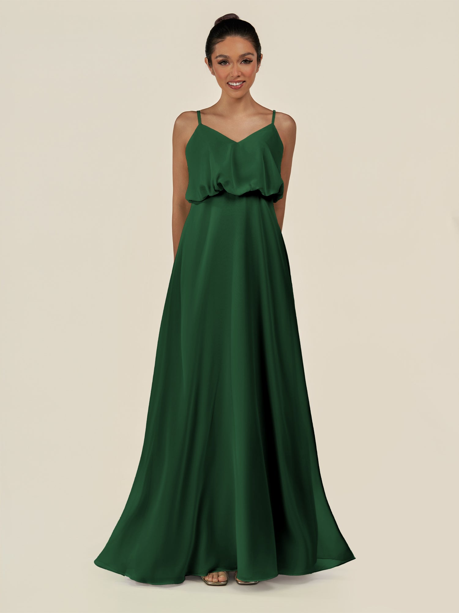 KissDress-Alix Dark Green A Line Chiffon V Neck Ruffled Overlay Long Bridesmaid Dress