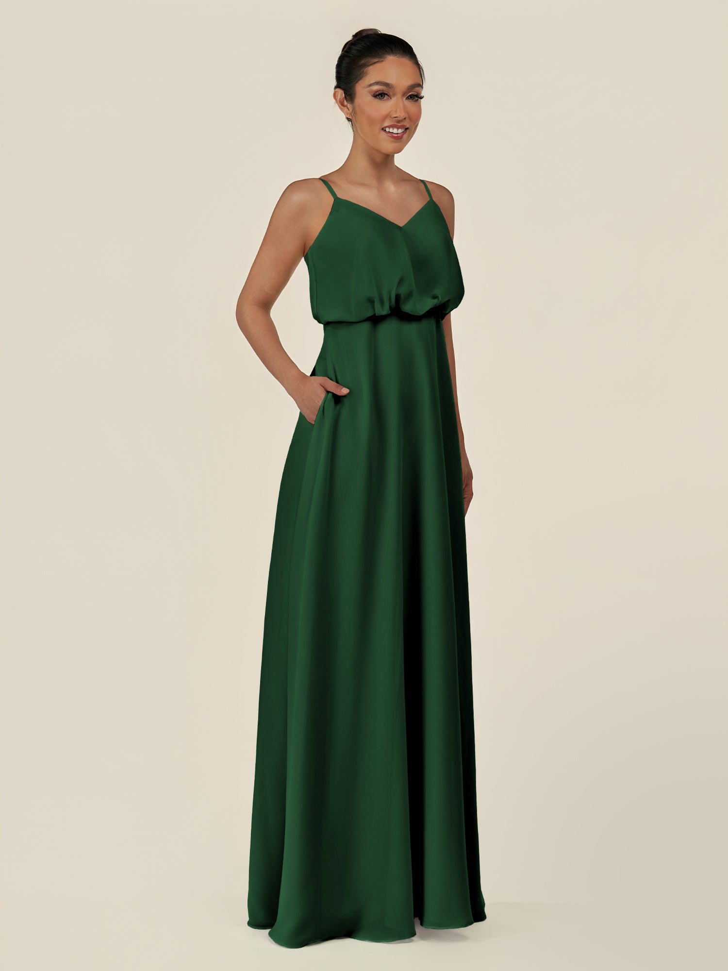 KissDress-Alix Dark Green A Line Chiffon V Neck Ruffled Overlay Long Bridesmaid Dress