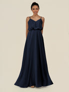KissDress-Alix Dark Navy A Line Chiffon V Neck Ruffled Overlay Long Bridesmaid Dress