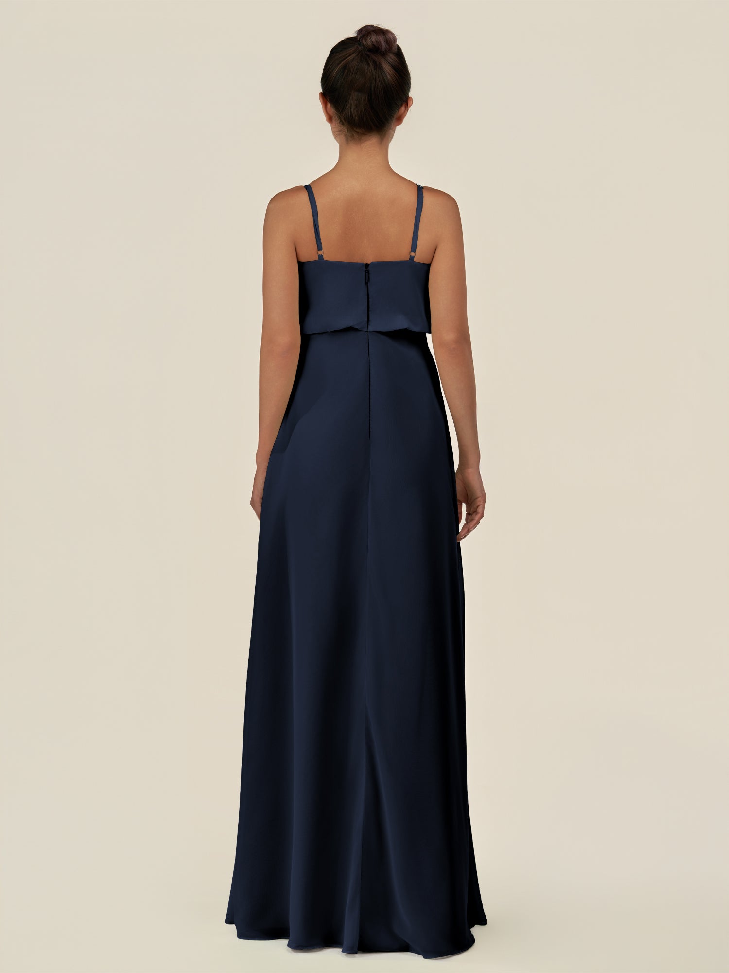 KissDress-Alix Dark Navy A Line Chiffon V Neck Ruffled Overlay Long Bridesmaid Dress