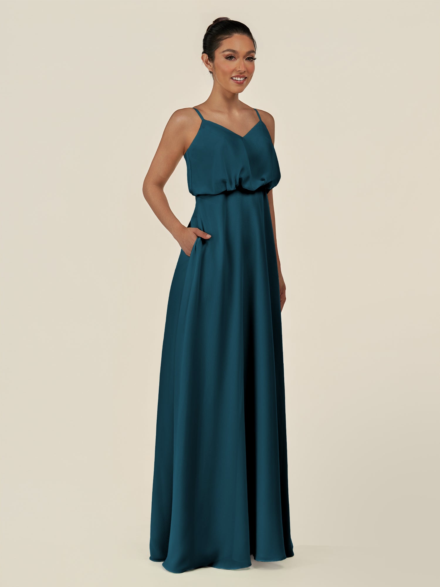 KissDress-Alix Dark Teal A Line Chiffon V Neck Ruffled Overlay Long Bridesmaid Dress