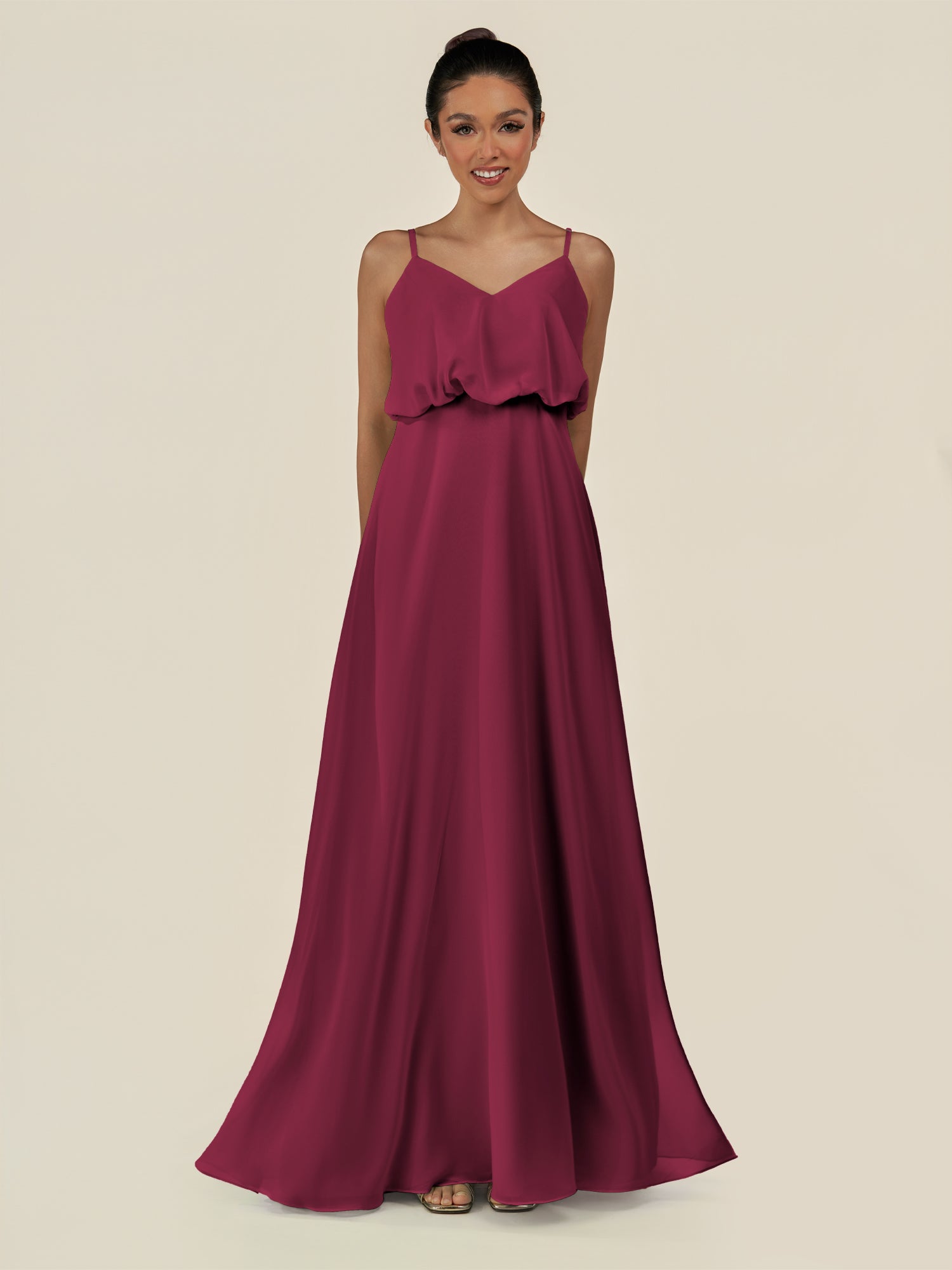 KissDress-Alix Desert Rose A Line Chiffon V Neck Ruffled Overlay Long Bridesmaid Dress