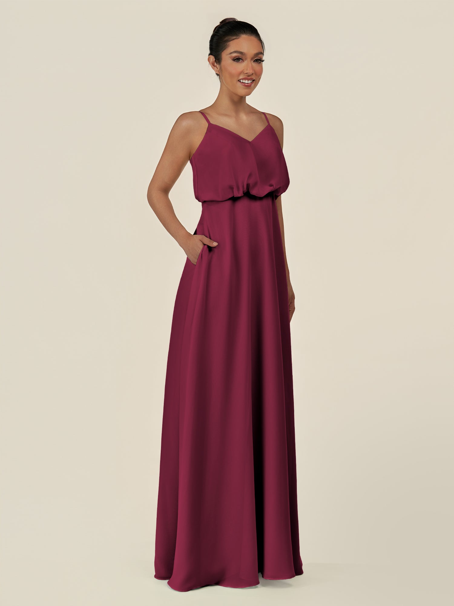 KissDress-Alix Desert Rose A Line Chiffon V Neck Ruffled Overlay Long Bridesmaid Dress
