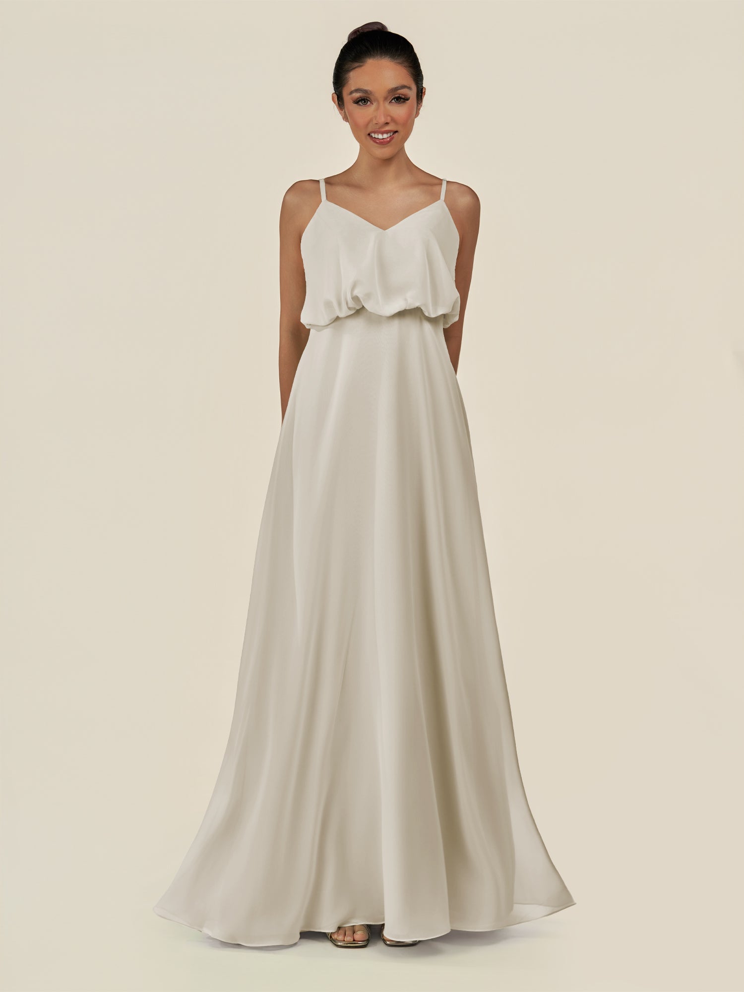 KissDress-Alix Dove Gray A Line Chiffon V Neck Ruffled Overlay Long Bridesmaid Dress