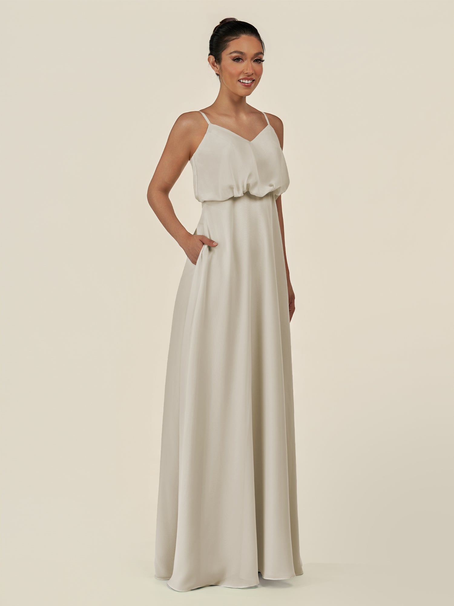 KissDress-Alix Dove Gray A Line Chiffon V Neck Ruffled Overlay Long Bridesmaid Dress