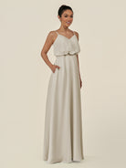 KissDress-Alix Dove Gray A Line Chiffon V Neck Ruffled Overlay Long Bridesmaid Dress