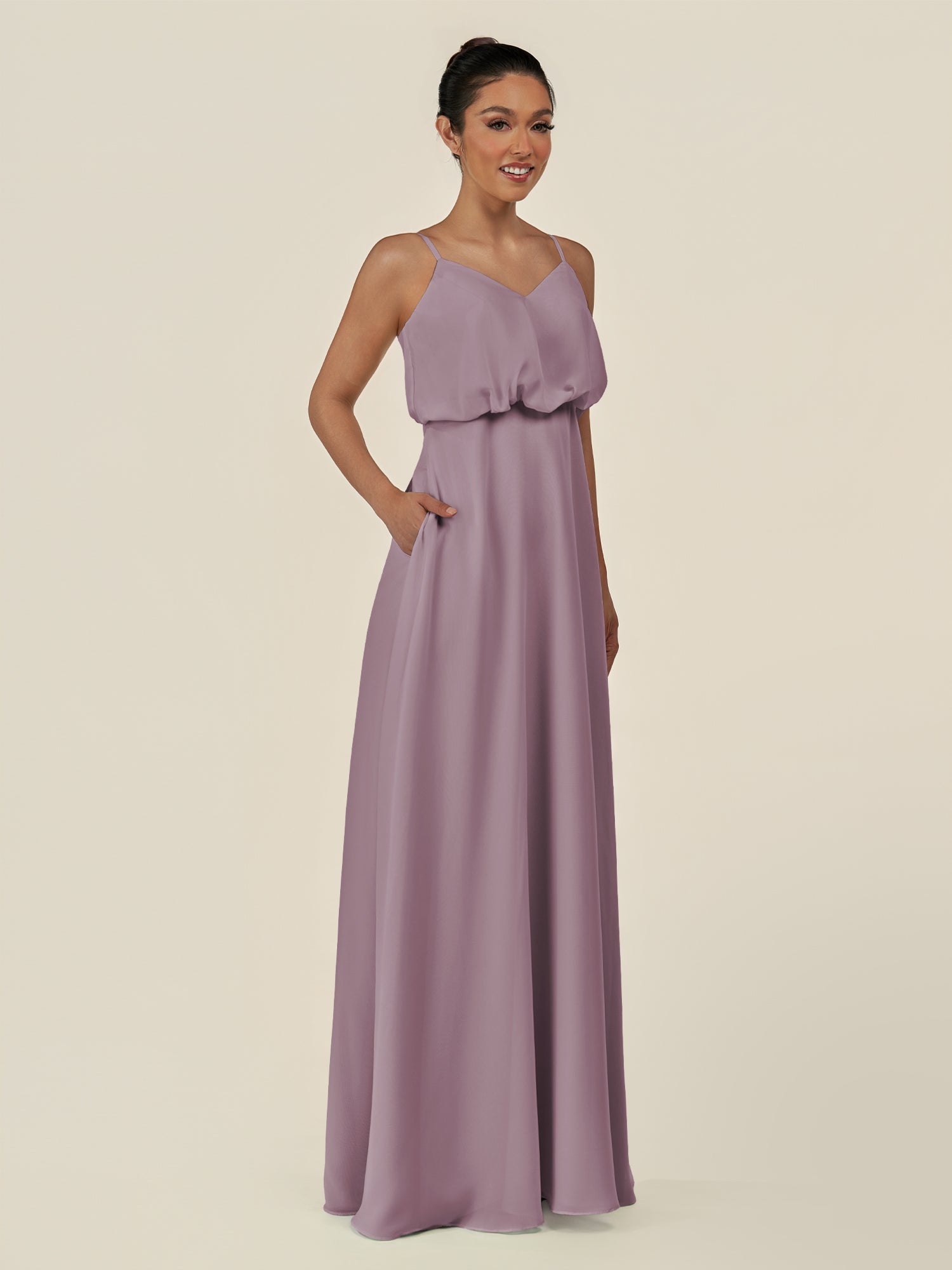 KissDress-Alix Dusk A Line Chiffon V Neck Ruffled Overlay Long Bridesmaid Dress