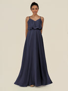 KissDress-Alix Dusk Blue A Line Chiffon V Neck Ruffled Overlay Long Bridesmaid Dress