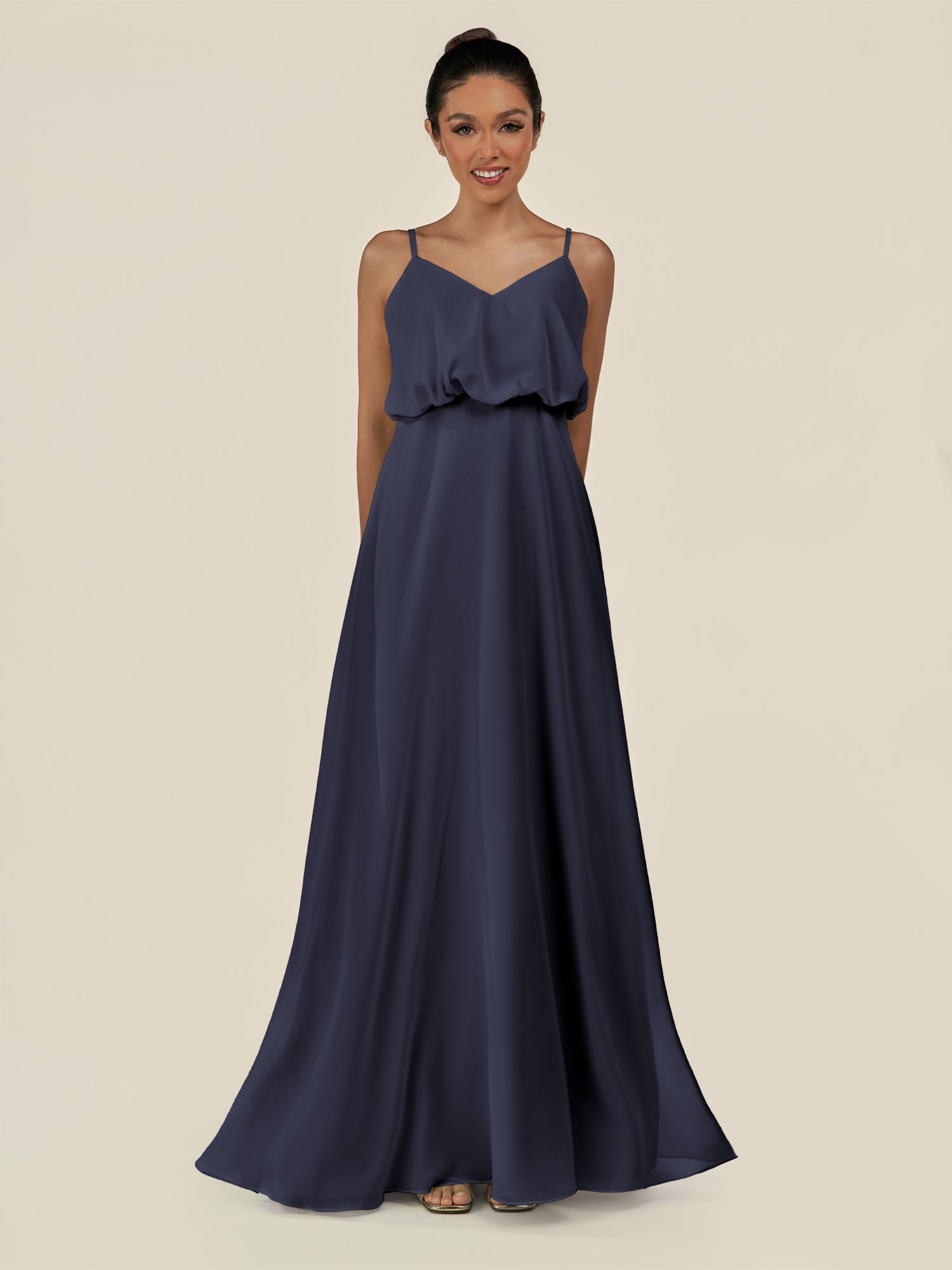 KissDress-Alix Dusk Blue A Line Chiffon V Neck Ruffled Overlay Long Bridesmaid Dress
