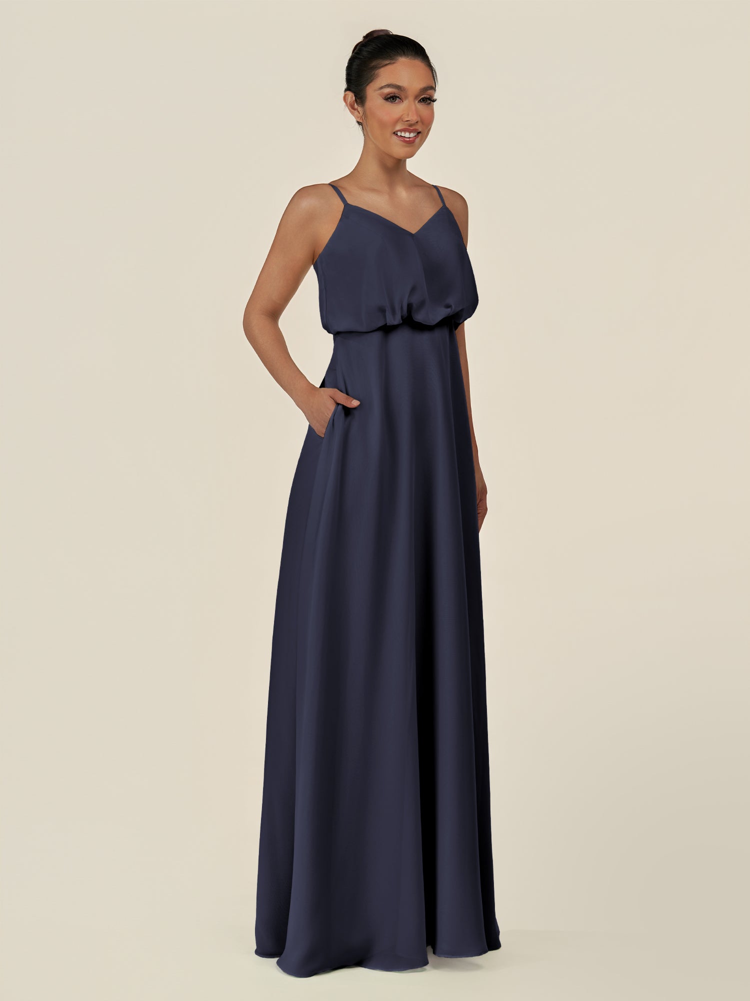 KissDress-Alix Dusk Blue A Line Chiffon V Neck Ruffled Overlay Long Bridesmaid Dress