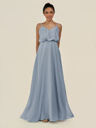KissDress-Alix Dusty Blue A Line Chiffon V Neck Ruffled Overlay Long Bridesmaid Dress