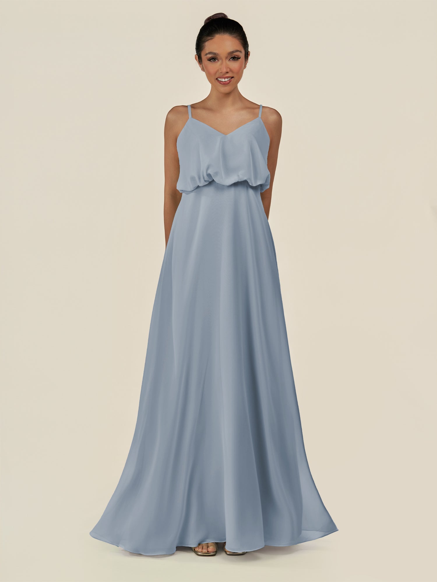 KissDress-Alix Dusty Blue A Line Chiffon V Neck Ruffled Overlay Long Bridesmaid Dress