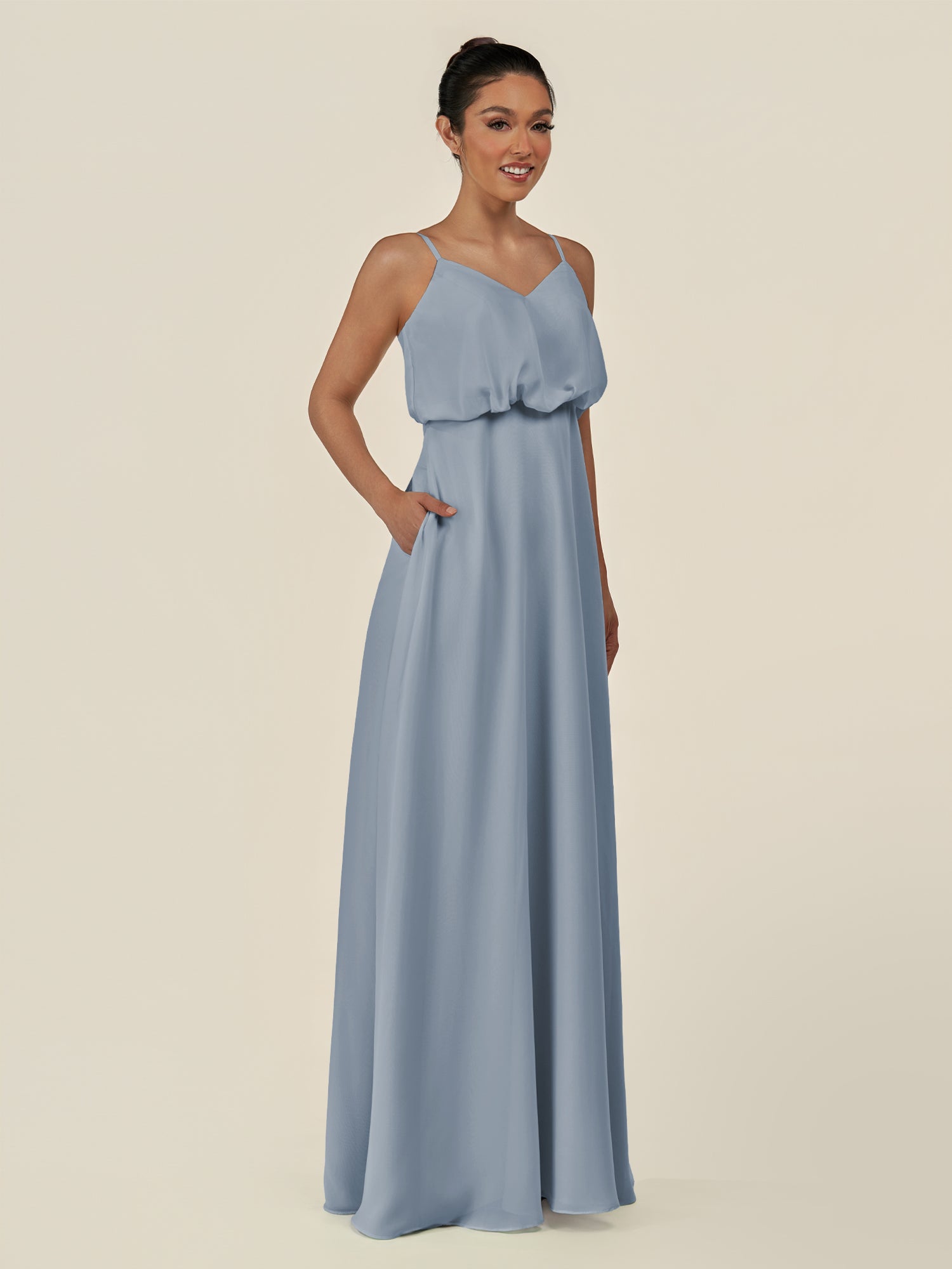 KissDress-Alix Dusty Blue A Line Chiffon V Neck Ruffled Overlay Long Bridesmaid Dress