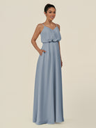 KissDress-Alix Dusty Blue A Line Chiffon V Neck Ruffled Overlay Long Bridesmaid Dress