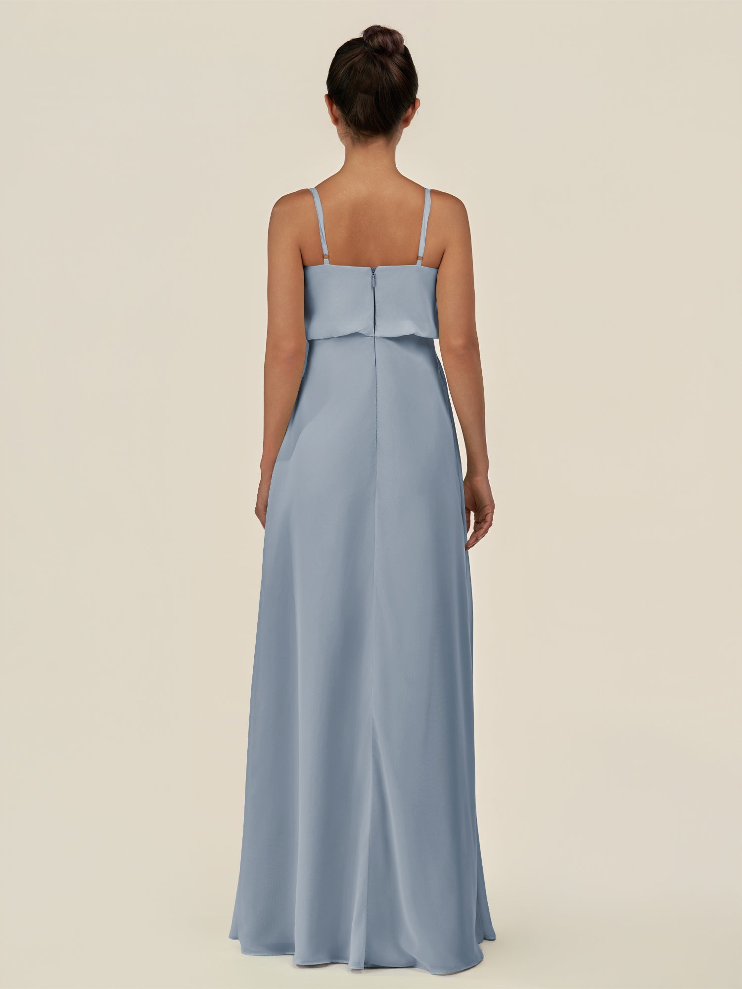 KissDress-Alix Dusty Blue A Line Chiffon V Neck Ruffled Overlay Long Bridesmaid Dress