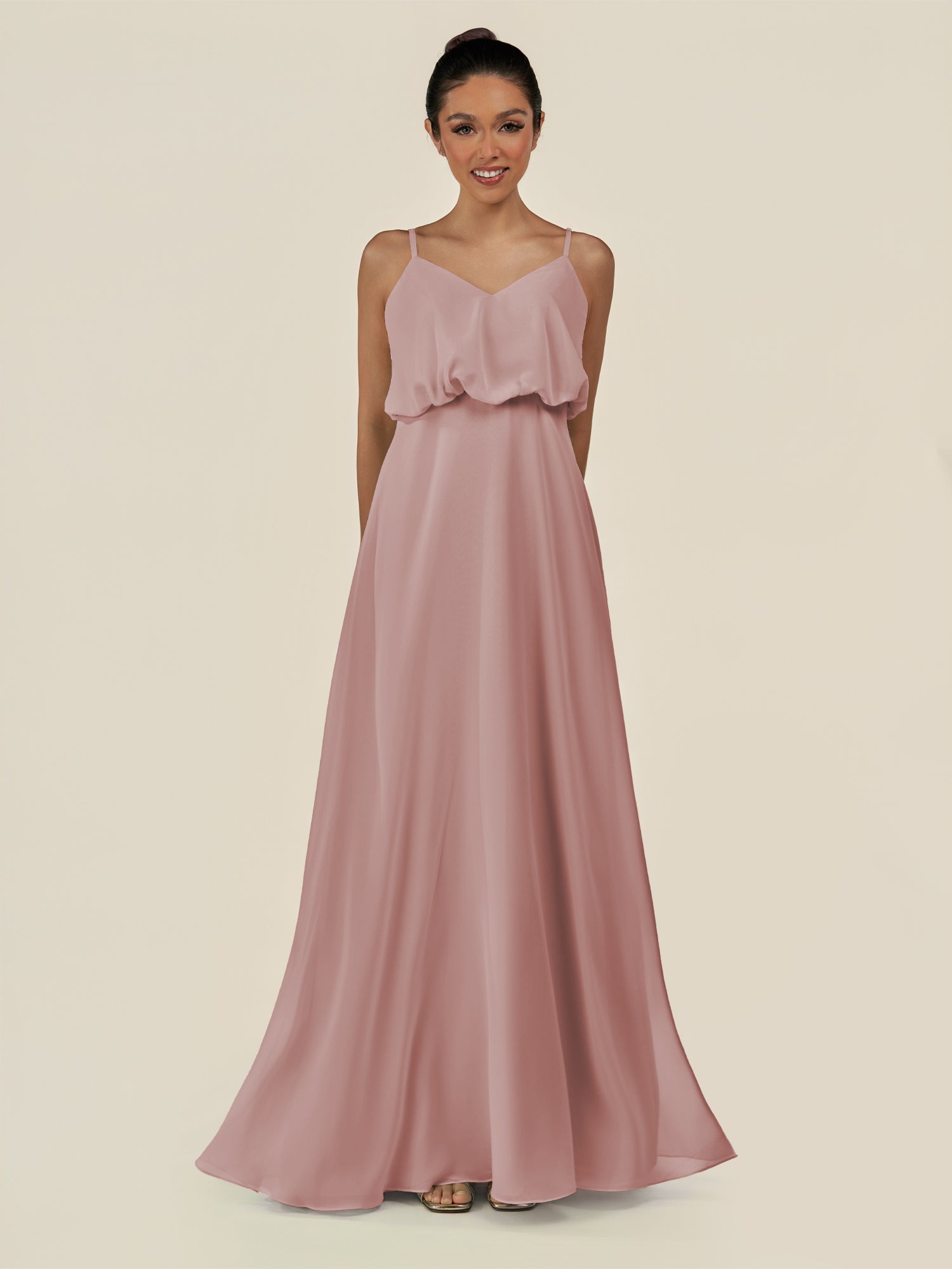 KissDress-Alix Dusty Rose A Line Chiffon V Neck Ruffled Overlay Long Bridesmaid Dress