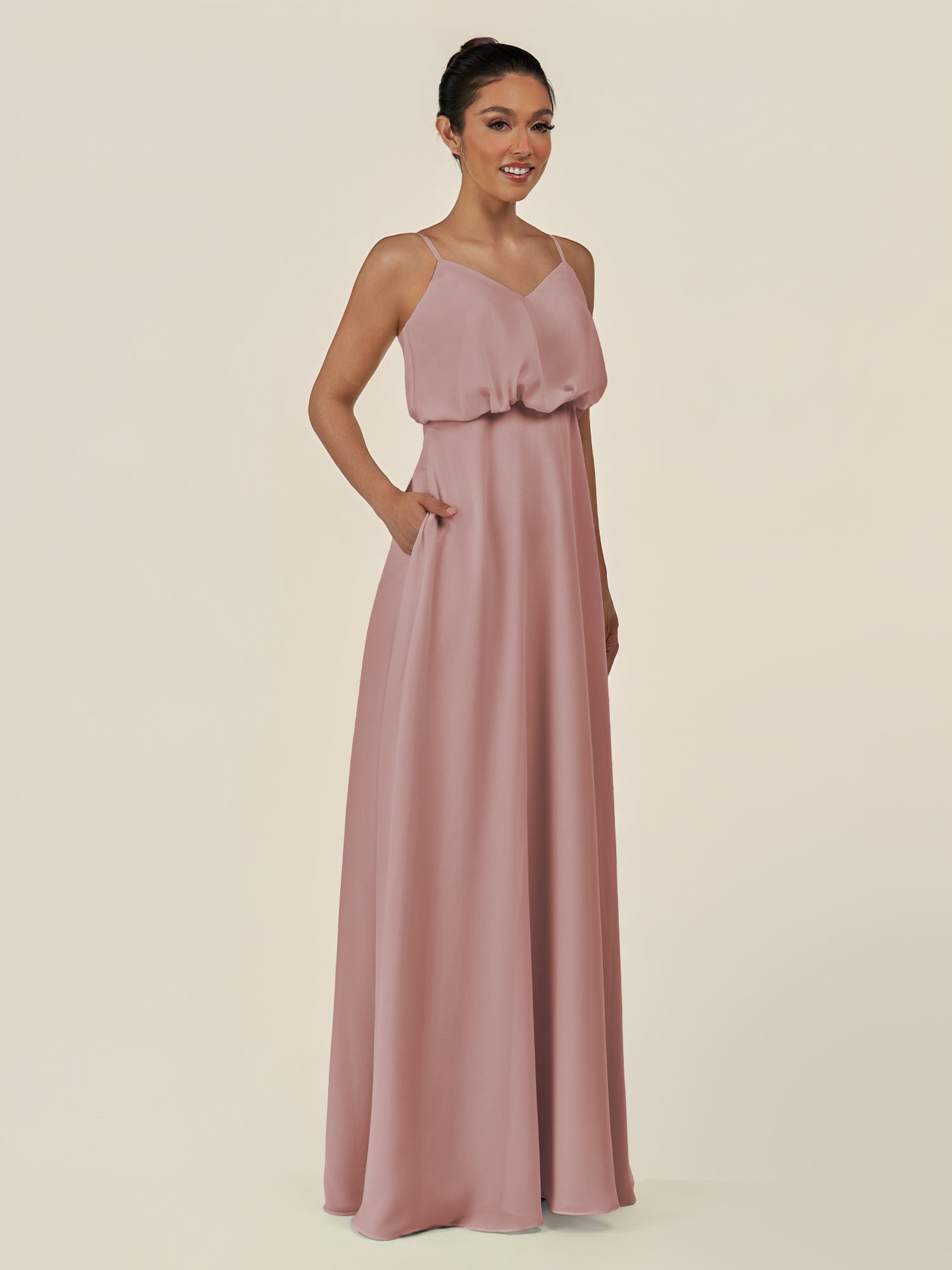 KissDress-Alix Dusty Rose A Line Chiffon V Neck Ruffled Overlay Long Bridesmaid Dress