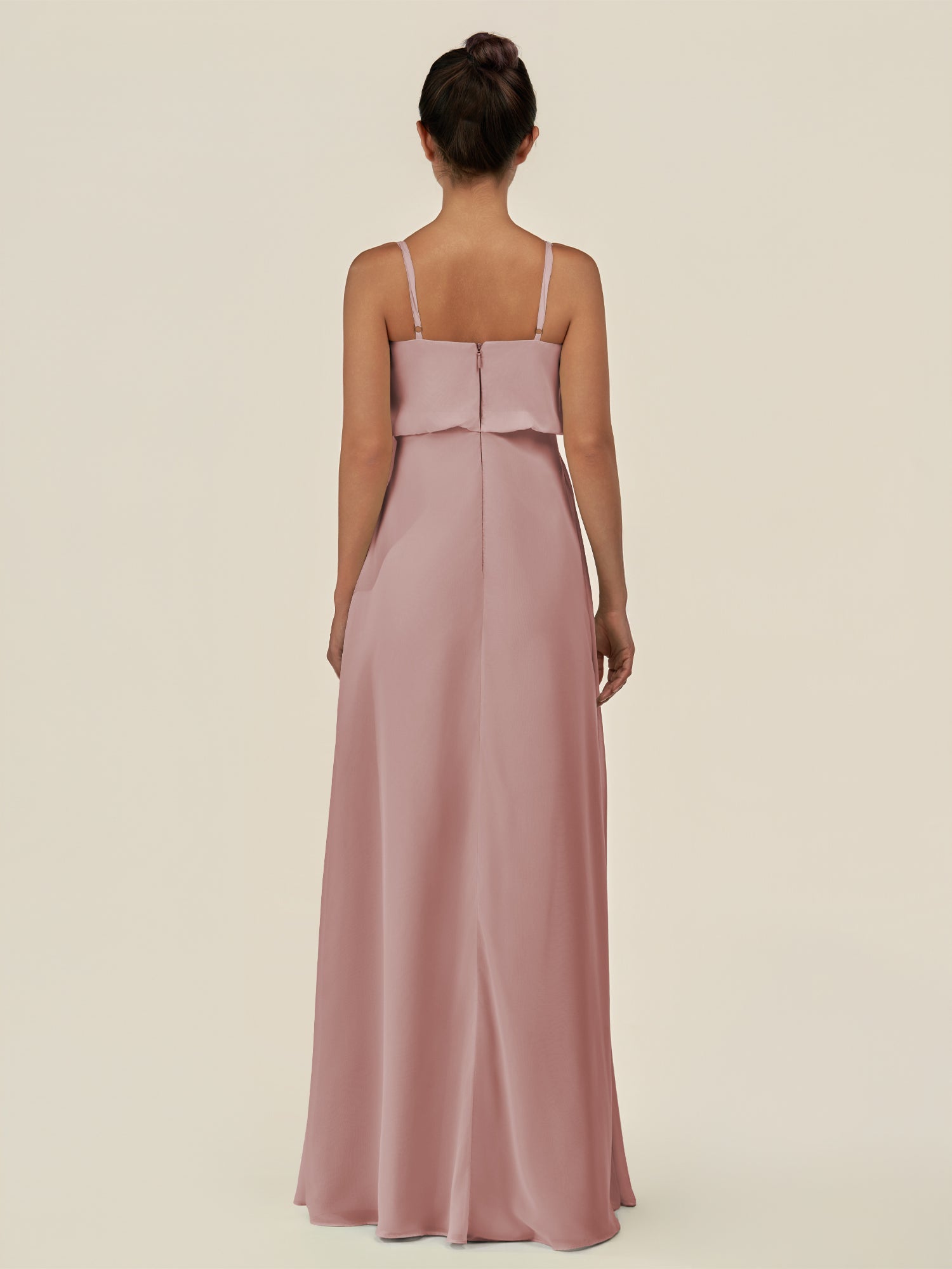 KissDress-Alix Dusty Rose A Line Chiffon V Neck Ruffled Overlay Long Bridesmaid Dress