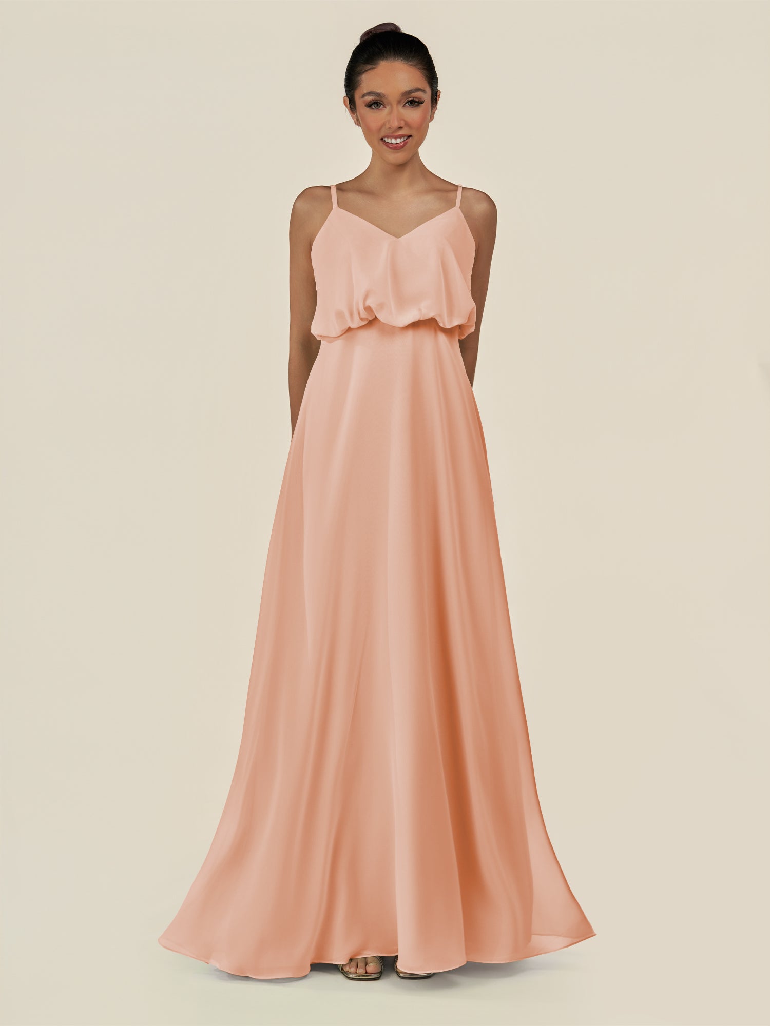 KissDress-Alix English Rose A Line Chiffon V Neck Ruffled Overlay Long Bridesmaid Dress