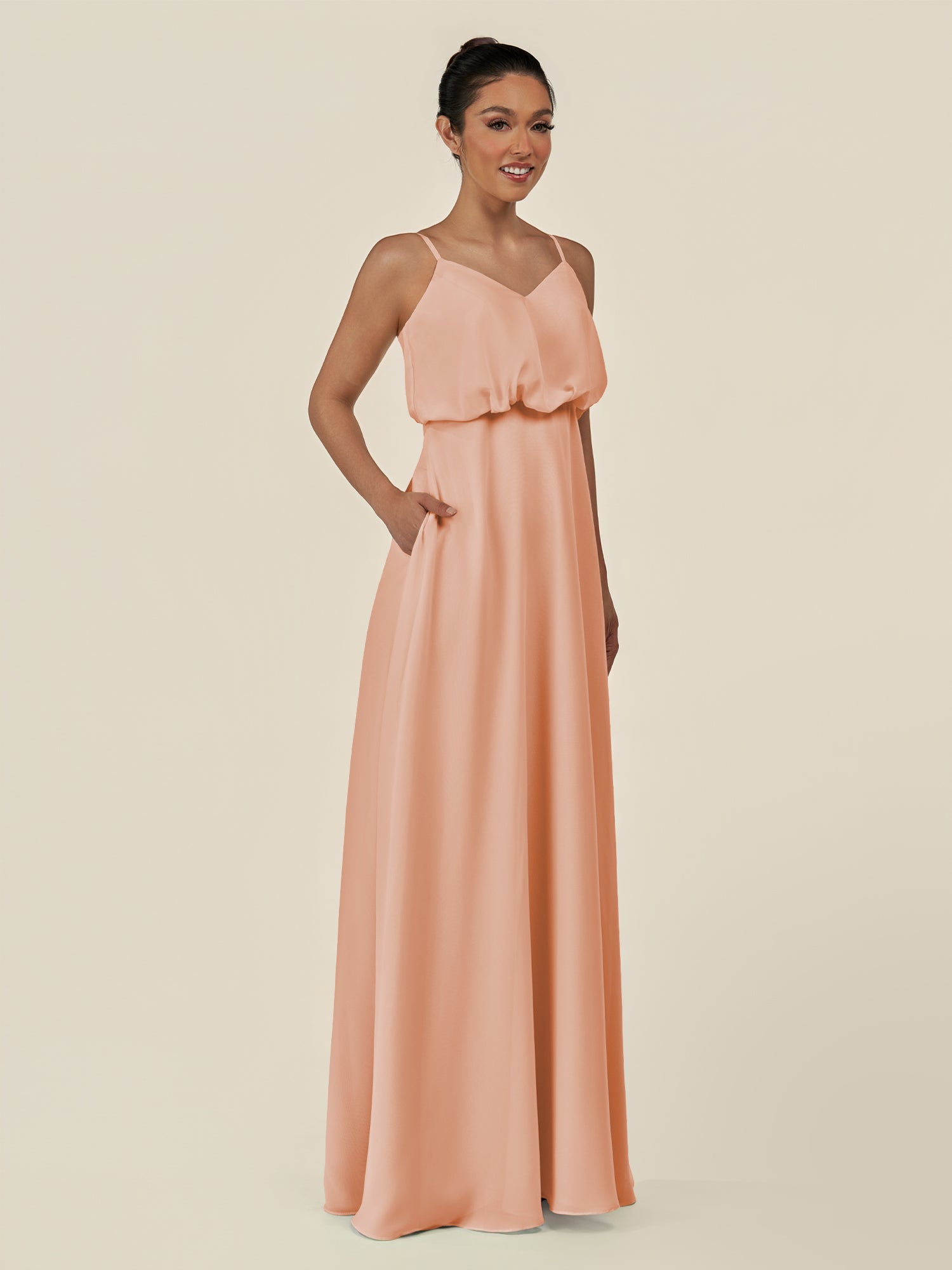 KissDress-Alix English Rose A Line Chiffon V Neck Ruffled Overlay Long Bridesmaid Dress