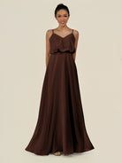 KissDress-Alix Espresso A Line Chiffon V Neck Ruffled Overlay Long Bridesmaid Dress