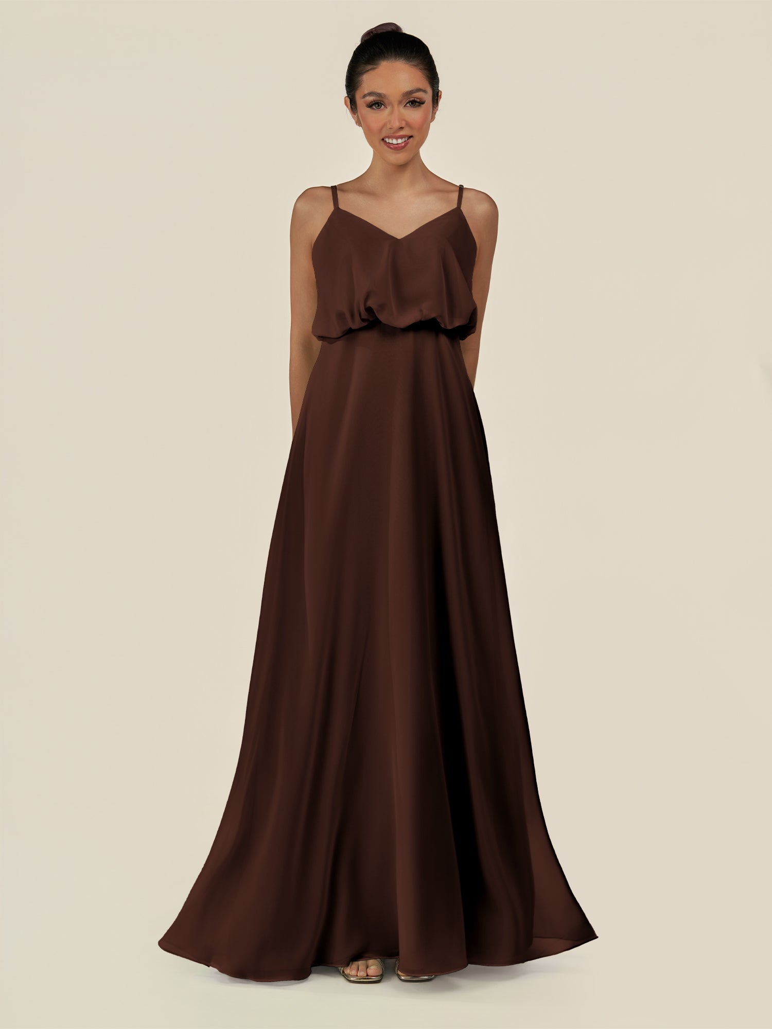 KissDress-Alix Espresso A Line Chiffon V Neck Ruffled Overlay Long Bridesmaid Dress