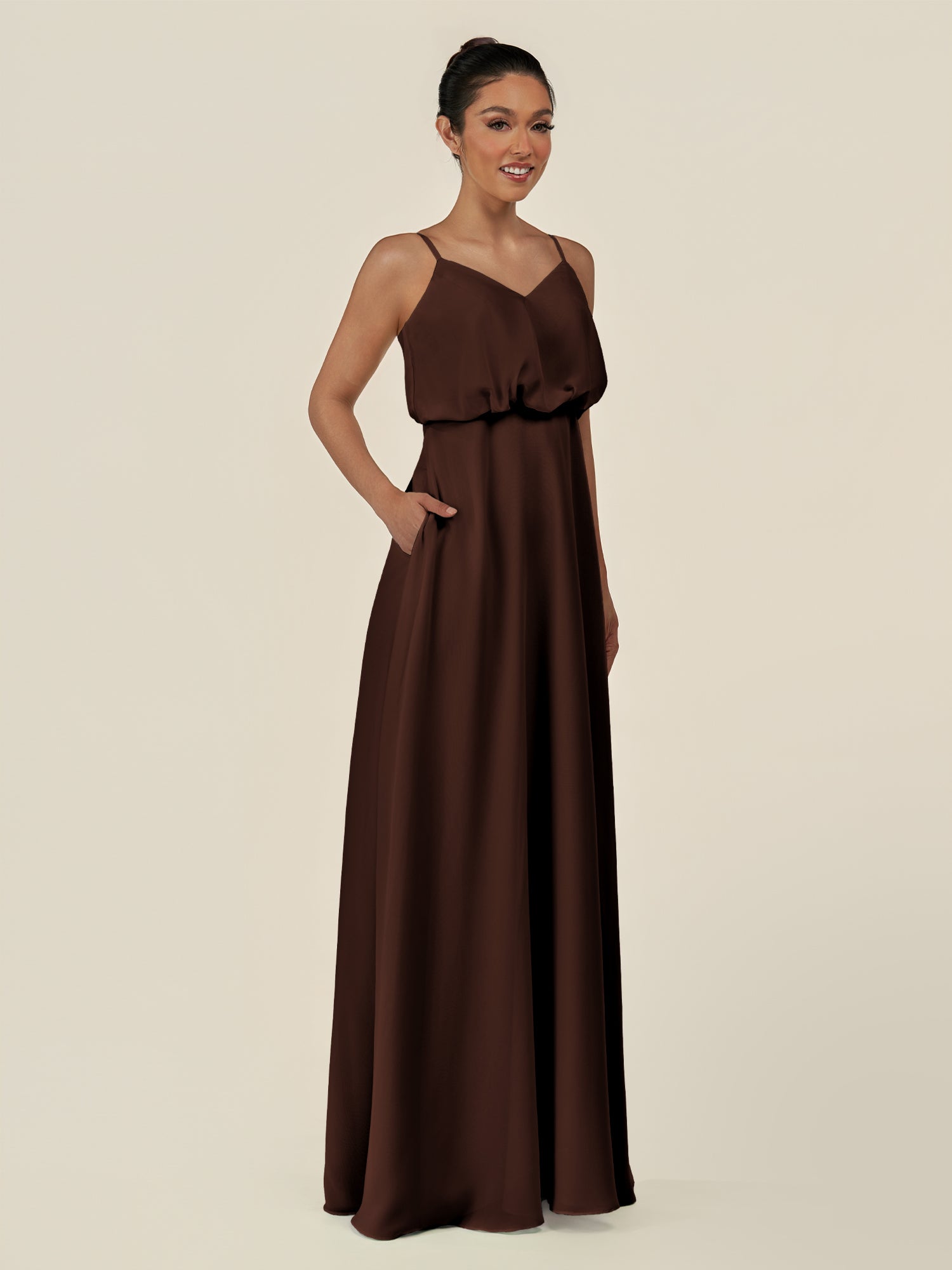 KissDress-Alix Espresso A Line Chiffon V Neck Ruffled Overlay Long Bridesmaid Dress