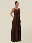 KissDress-Alix Espresso A Line Chiffon V Neck Ruffled Overlay Long Bridesmaid Dress