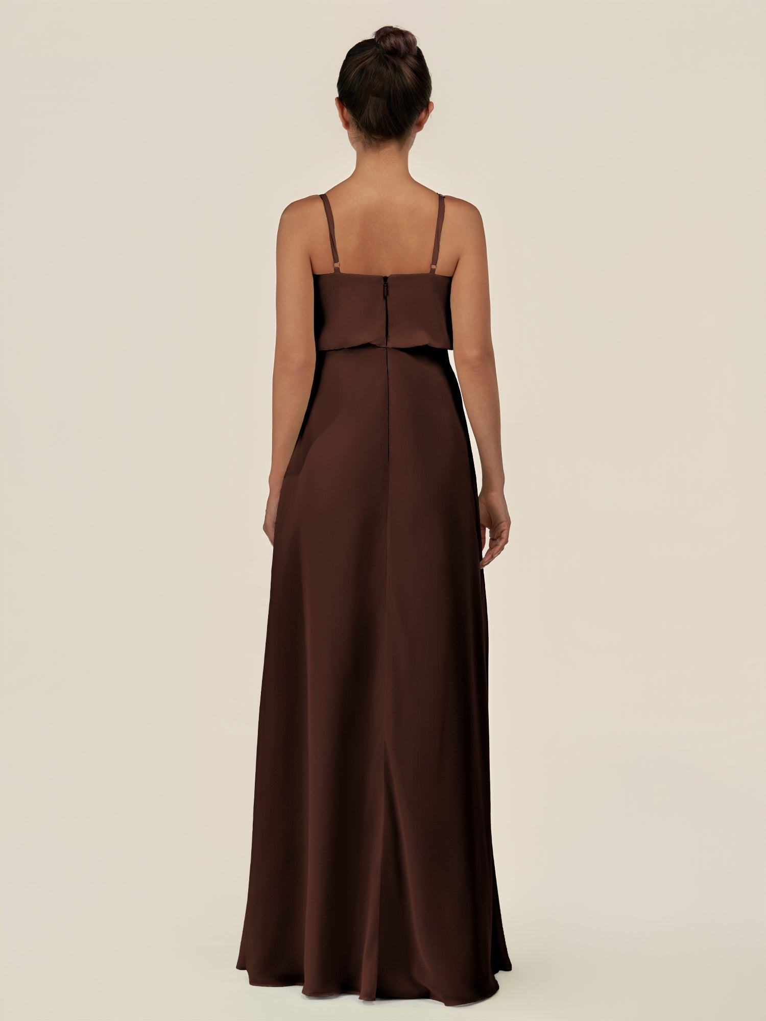 KissDress-Alix Espresso A Line Chiffon V Neck Ruffled Overlay Long Bridesmaid Dress