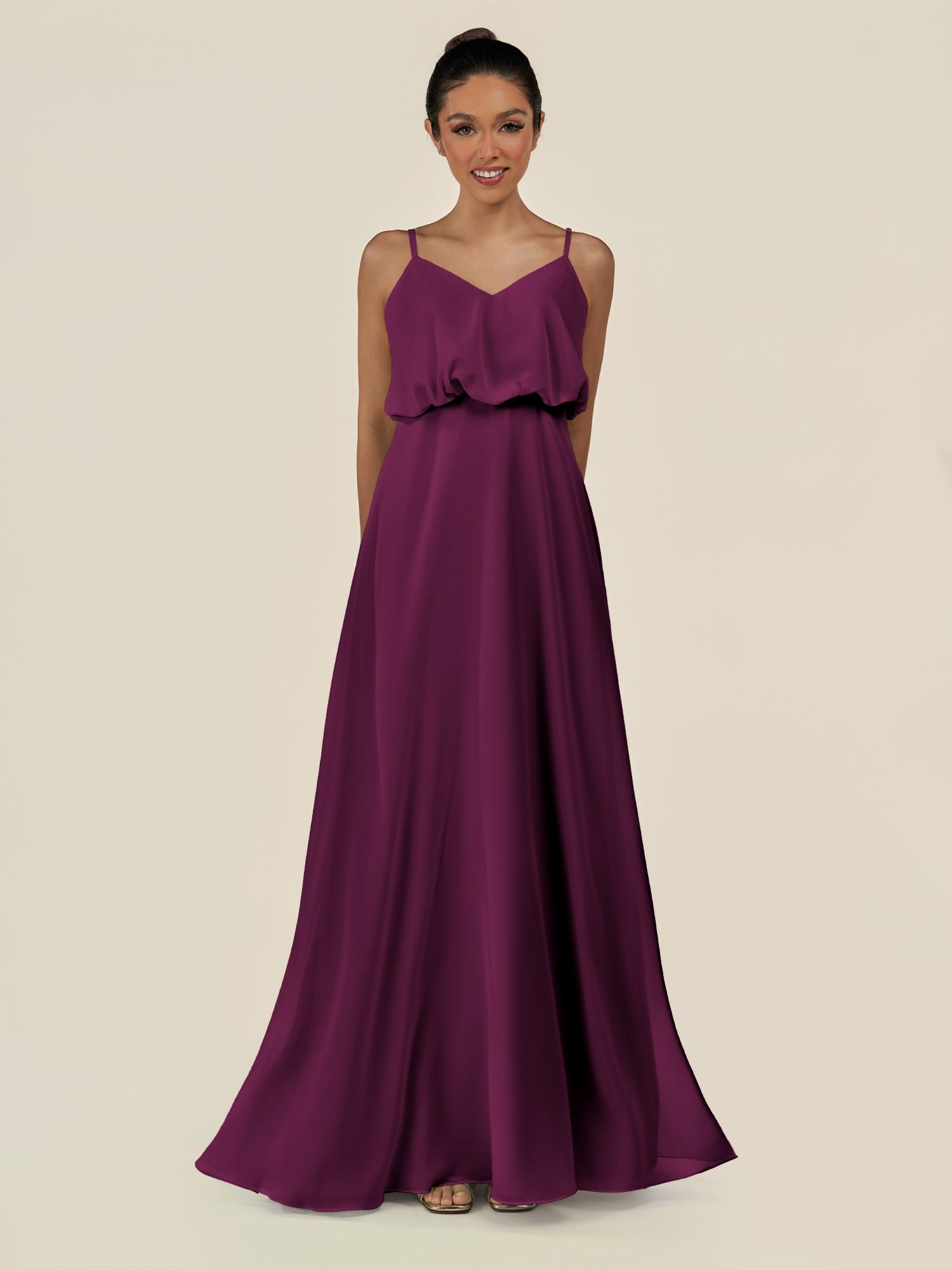KissDress-Alix Fig A Line Chiffon V Neck Ruffled Overlay Long Bridesmaid Dress