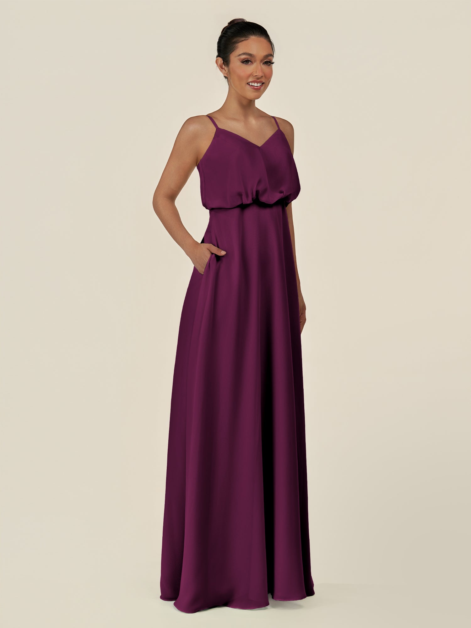 KissDress-Alix Fig A Line Chiffon V Neck Ruffled Overlay Long Bridesmaid Dress