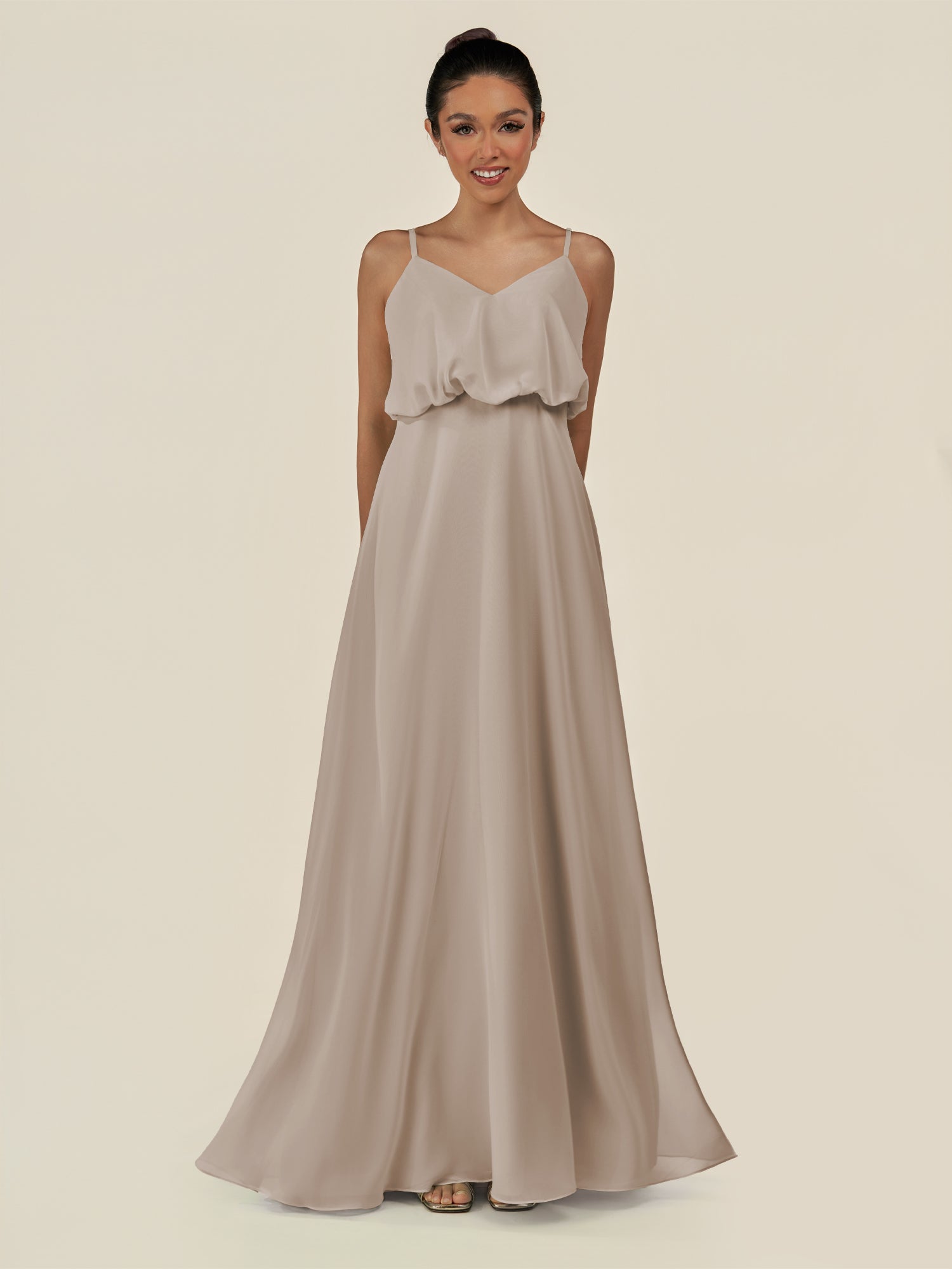 KissDress-Alix Frost A Line Chiffon V Neck Ruffled Overlay Long Bridesmaid Dress