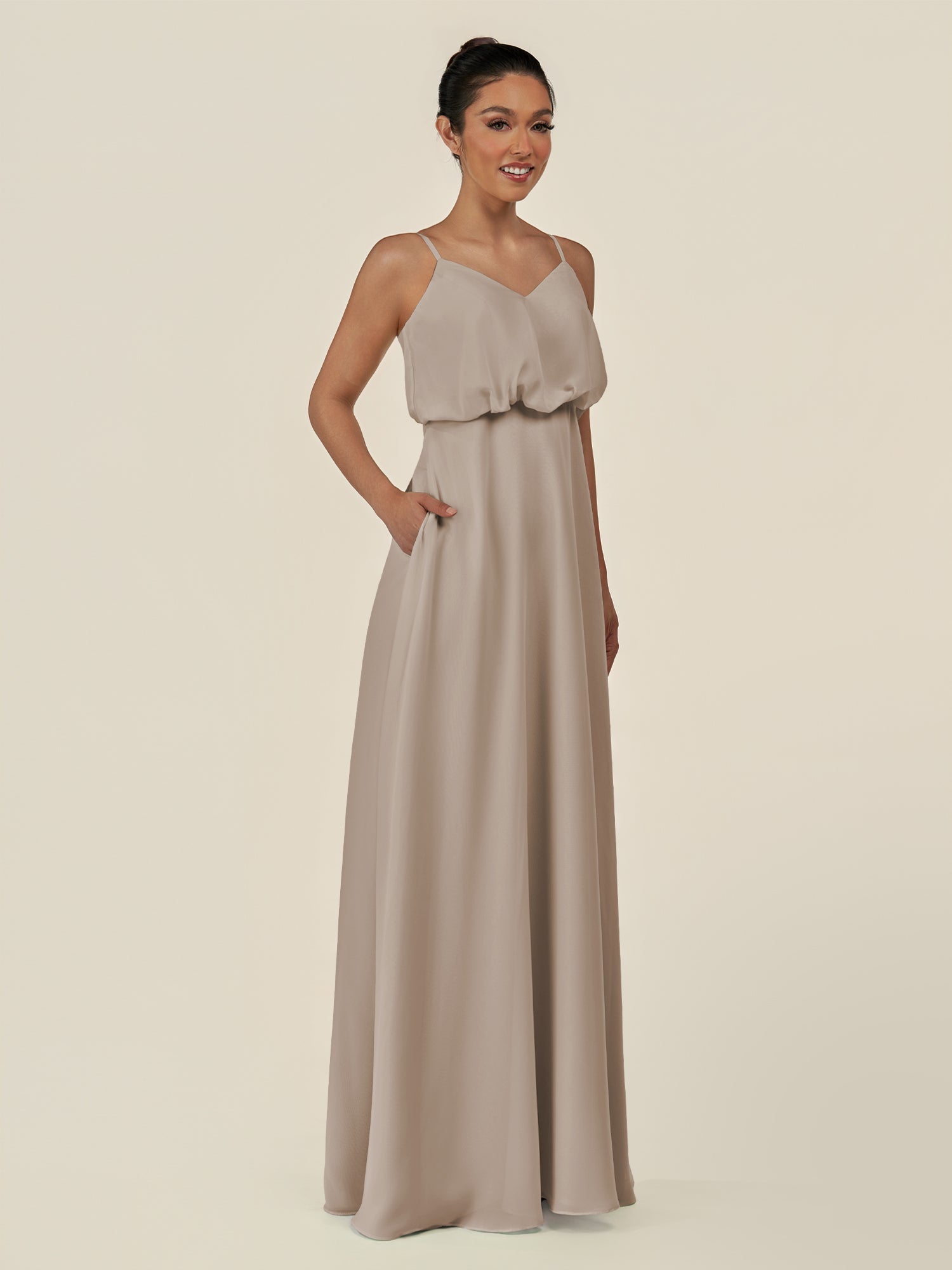 KissDress-Alix Frost A Line Chiffon V Neck Ruffled Overlay Long Bridesmaid Dress