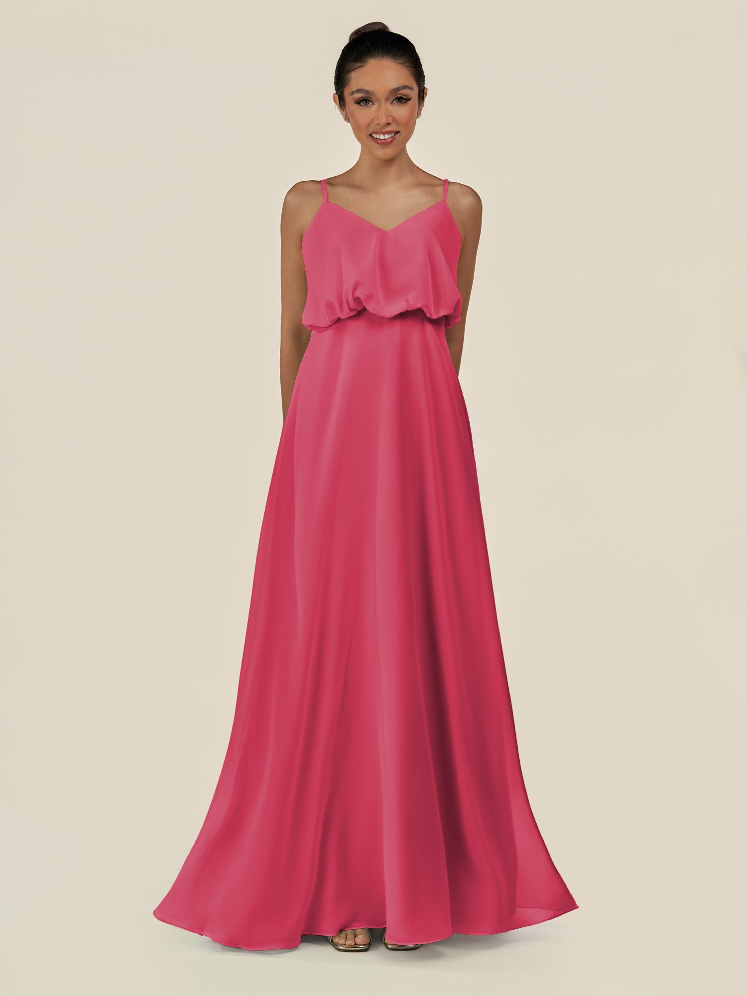 KissDress-Alix Fuchsia A Line Chiffon V Neck Ruffled Overlay Long Bridesmaid Dress