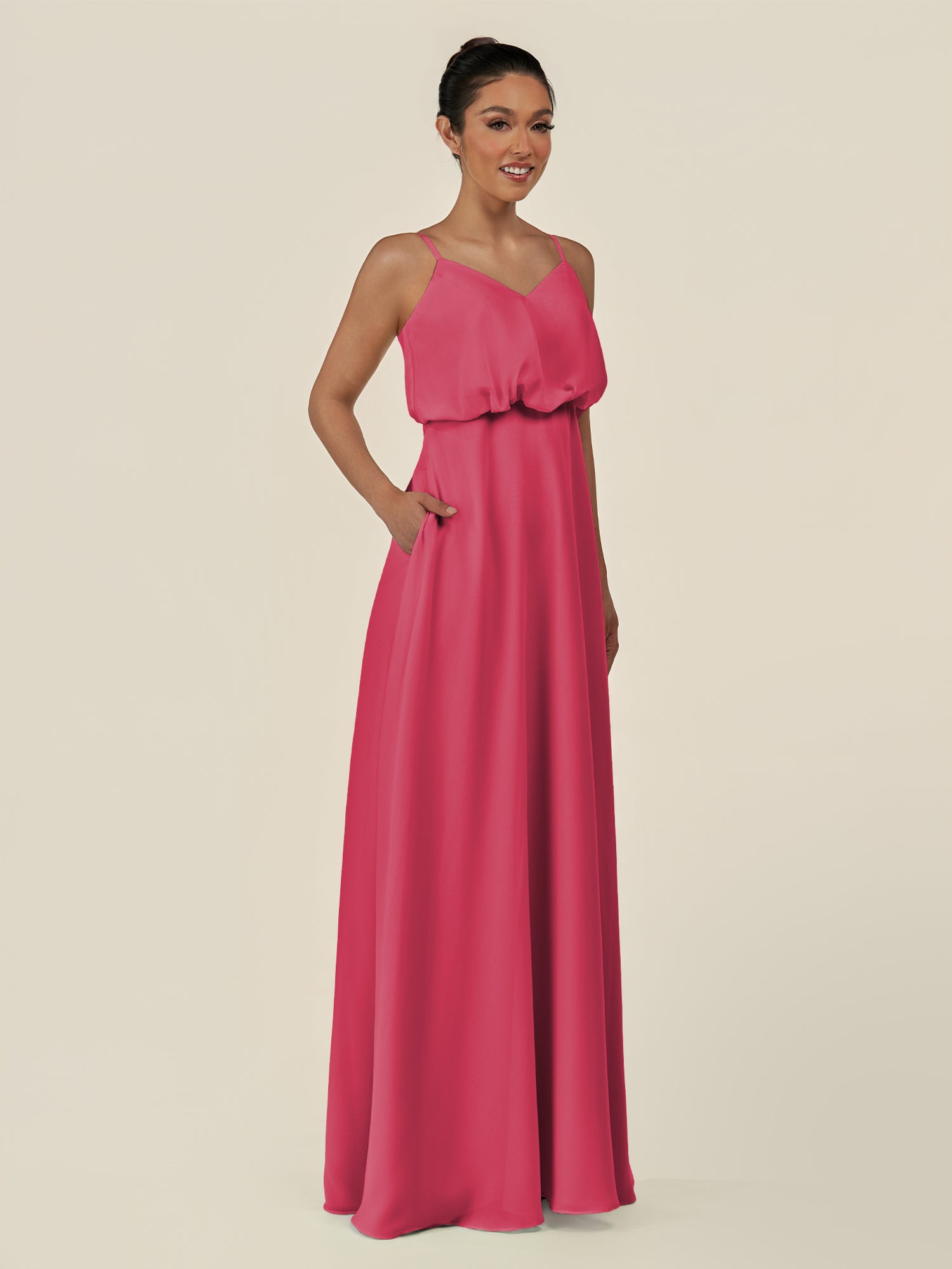 KissDress-Alix Fuchsia A Line Chiffon V Neck Ruffled Overlay Long Bridesmaid Dress