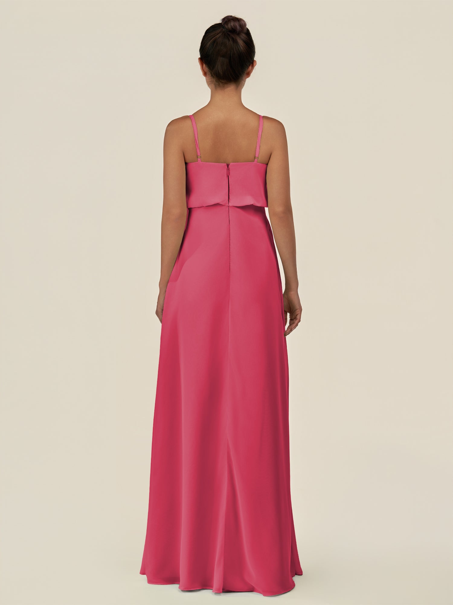 KissDress-Alix Fuchsia A Line Chiffon V Neck Ruffled Overlay Long Bridesmaid Dress