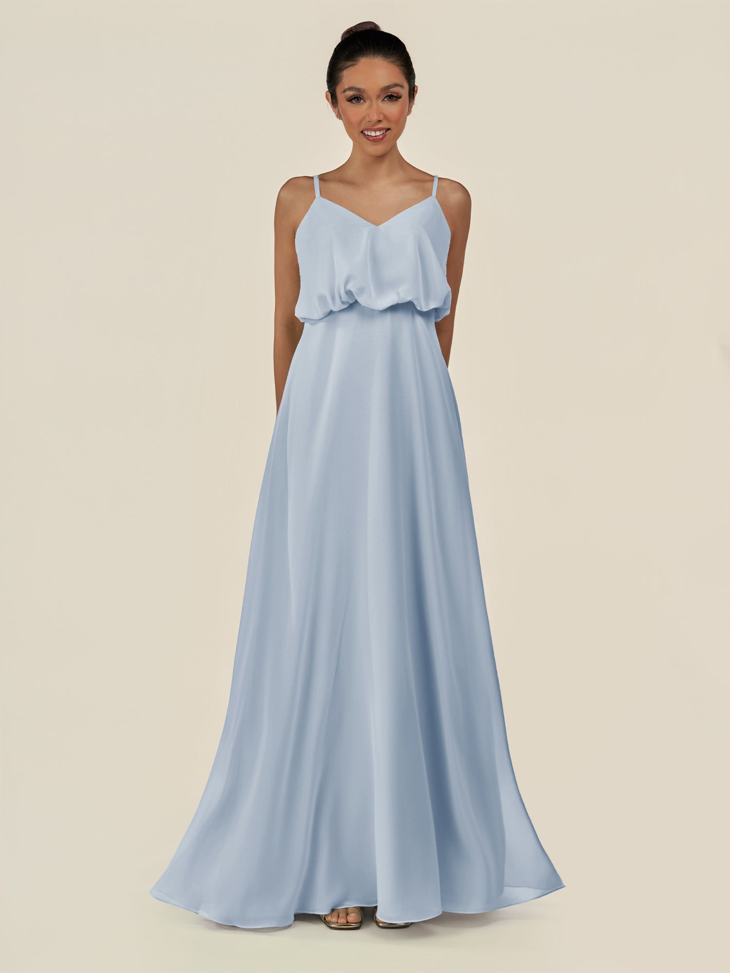 KissDress-Alix Ice A Line Chiffon V Neck Ruffled Overlay Long Bridesmaid Dress