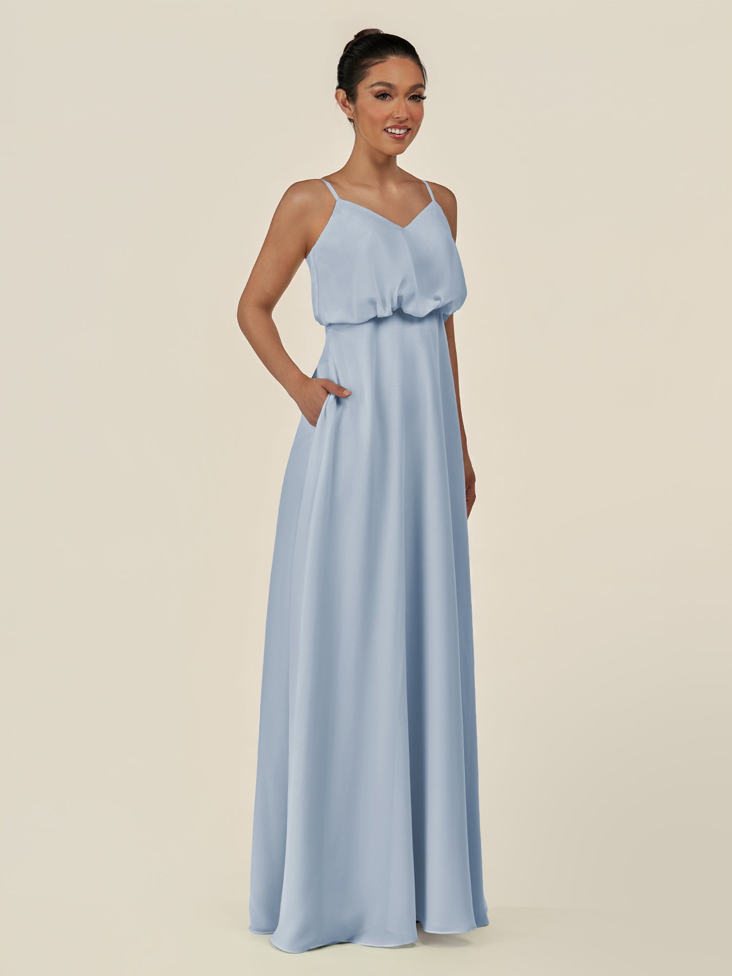 KissDress-Alix Ice A Line Chiffon V Neck Ruffled Overlay Long Bridesmaid Dress