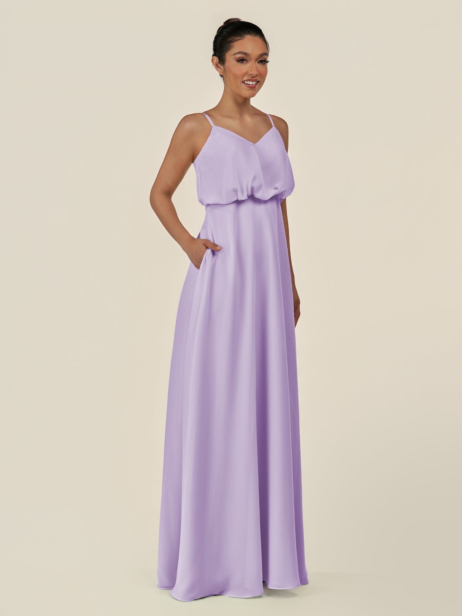 KissDress-Alix Lavender A Line Chiffon V Neck Ruffled Overlay Long Bridesmaid Dress