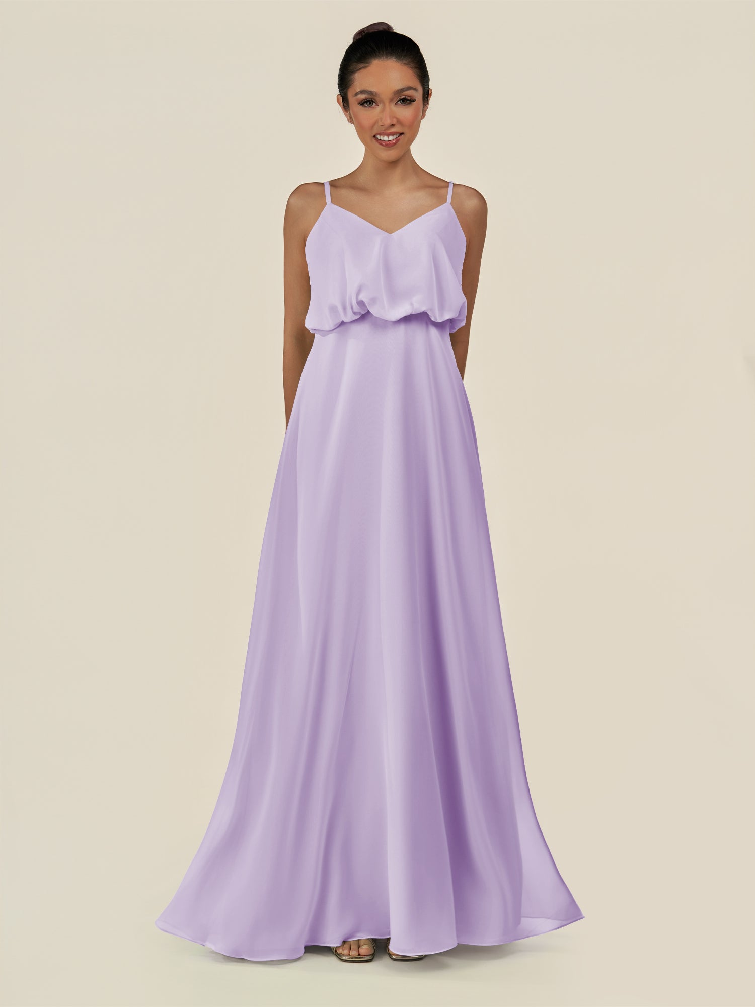 KissDress-Alix Lavender A Line Chiffon V Neck Ruffled Overlay Long Bridesmaid Dress