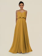 KissDress-Alix Marigold A Line Chiffon V Neck Ruffled Overlay Long Bridesmaid Dress